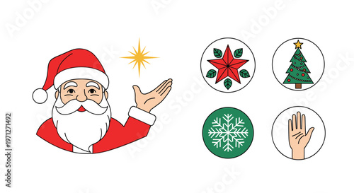 Santa Claus pointing toward a selection of holiday themed icons including a snowflake, Christmas tree, and a red star.