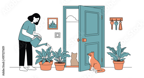 Woman happily watering her collection of indoor green plants while cats watch from an open door in a bright and cozy domestic setting.