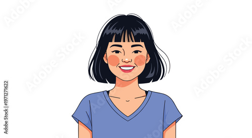 Beautiful young Asian woman with short black hair and a joyful smile looking directly at the camera against a clean white background.