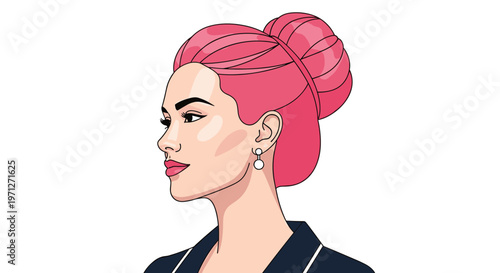 Elegant profile view of a stylish young woman with bright pink hair styled in a high bun wearing a dark collared shirt against a white backdrop.