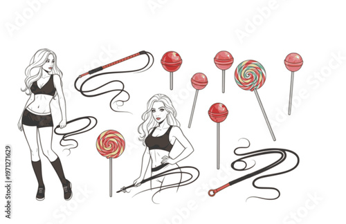 sexy woman standing with a whip and lollipop  