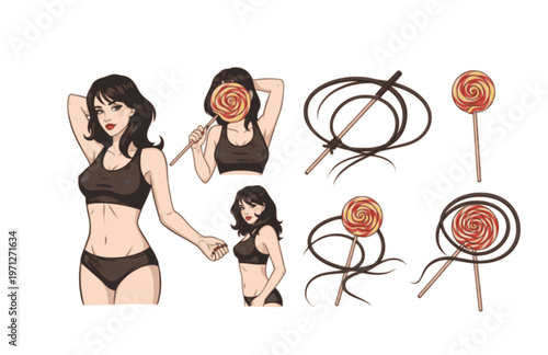 sexy woman standing with a whip and lollipop  