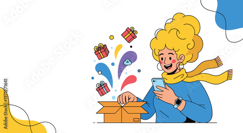 Excited woman with curly blonde hair using her smartphone while surprised by colorful gifts popping out of an open cardboard box.