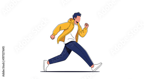 Determined man in a bright yellow hoodie and dark pants running fast as if in a race or exercising against a simple white background.