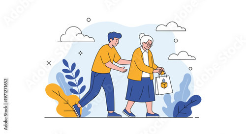 Kind young man helping a senior woman carry her heavy grocery bags while walking together outside on a pleasant and cloudy day.