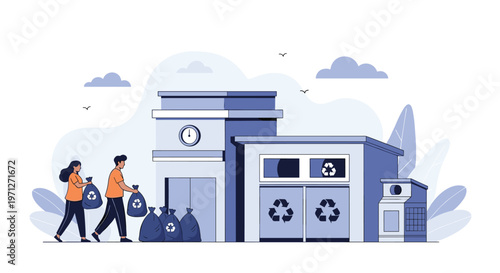 Man and woman carrying recycling bags filled with waste to a modern recycling center to promote environmental sustainability and eco habits.