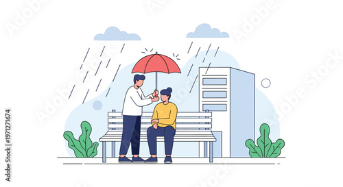 Helpful man holding a large red umbrella over a woman sitting on a park bench during a rainstorm to provide protection and comfort.