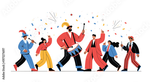 Group of joyful musicians in a marching band playing instruments like drums and trumpets amidst flying confetti celebrating an event.