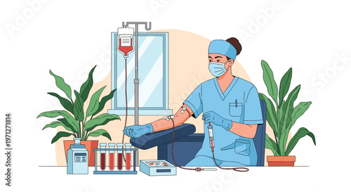 Focused nurse wearing a mask and gloves performing a medical procedure on a patient arm in a bright clinical room with indoor plants.