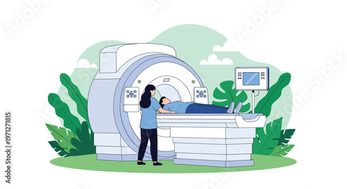 Medical professional preparing a patient for an mri scan in a modern facility with a backdrop of large green leaves and white clouds.