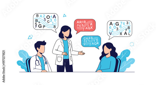 Medical team in white coats discussing complex information shown in speech bubbles with a patient to explain diagnosis and treatment.