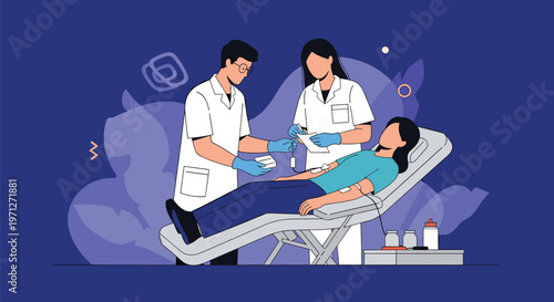 Two healthcare workers in white coats and blue gloves attending to a patient resting on a medical gurney in a clinical environment.