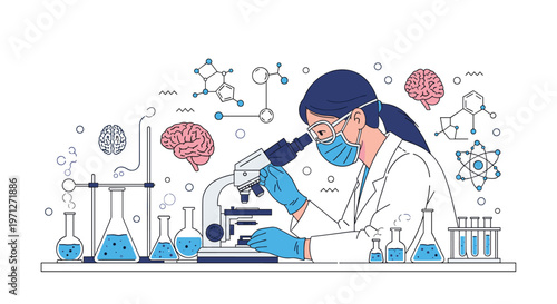 Focused female scientist wearing a face mask and safety goggles looking through a microscope in a lab filled with chemical equipment.
