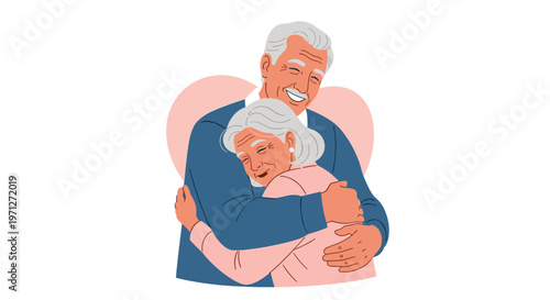 Loving elderly couple embracing each other with warm smiles in front of a large pink heart representing lifelong romance and affection.