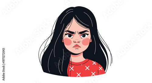 Close up portrait of a young girl with long dark hair and a very angry or frustrated facial expression against a white background.
