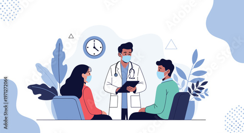 Doctor wearing a face mask and holding a clipboard talking to a man and woman also wearing masks in a clean and safe medical clinic.