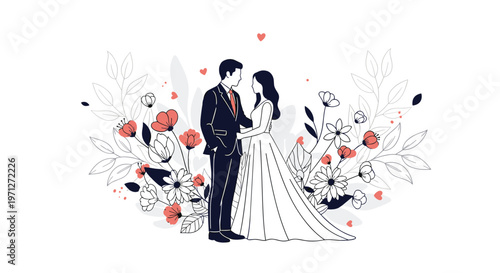 Romantic wedding couple standing together surrounded by an elegant floral arrangement with delicate flowers and floating red hearts.