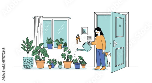 Young woman watering her many potted indoor plants in a bright living room while her cat watches from an open doorway nearby.