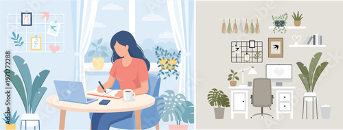 Female entrepreneur working from home in cozy home office. Modern flat vector illustration with plants, desk, computer and minimalist decor. Remote work, freelance lifestyle concept
