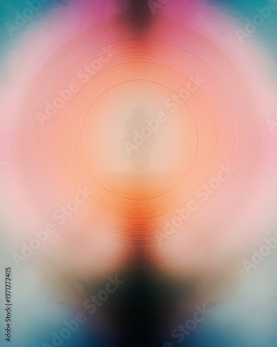 Abstract image of a meditating figure surrounded by a colorful aura and mandala patterns, creating a serene and ethereal atmosphere with soft gradients and circular shapes