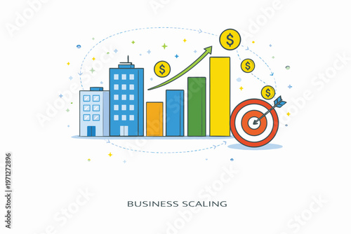 Illustration of business growth and scaling through investment and expansion