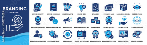 Branding icon set collection. Icon pack contains brand identity, brand guideline, brand idea, brand loyalty, brand success