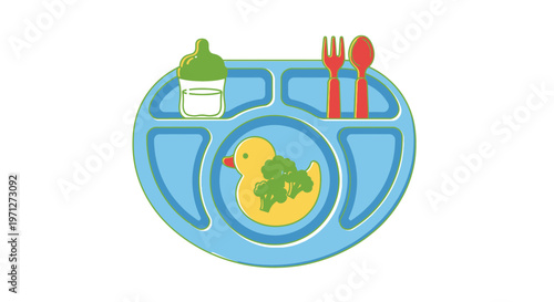 Baby Food Plate with Utensils and Bottle, Healthy Meal for Toddler