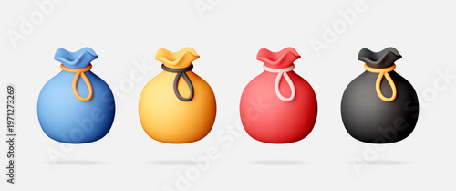 Set of colorful 3d money bags isolated. Concept of savings, wealth and finance. 3d stock vector illustration of pouch with drawstring for investment, banking and economy. Vector illustration