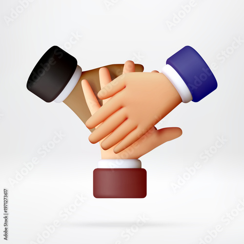 3D Three human hands stacked on top of each other. Concept of teamwork, unity, and cooperation. Collaborative business effort, partnership, and diversity. Vector illustration