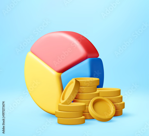 3D pie chart with stack of gold coin. Financial data analysis and business statistic. Investment growth and banking profit illustration for corporate report or finance blog. Vector illustration