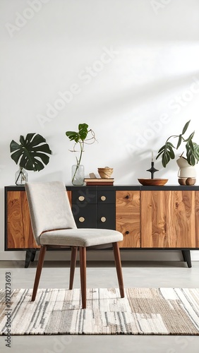 A modern dining area showcases an upholstered chair in front of a wood-paneled sideboard. Botanical accents include greenery in clear vases