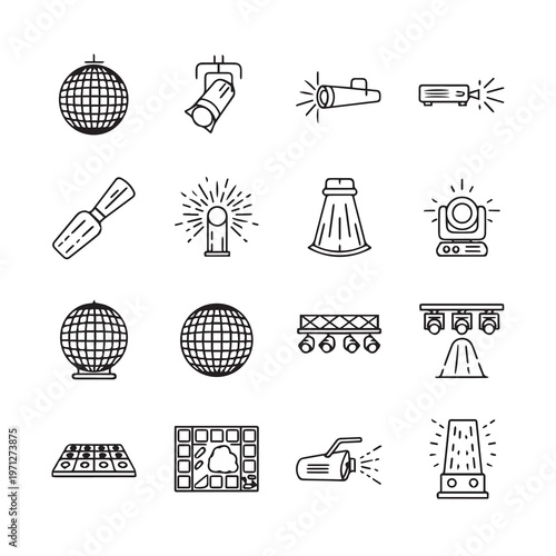 Stage Lighting Equipment Icons: Spotlight Disco Ball Projector Strobe | Line Art