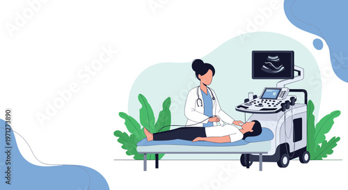 Female doctor performing a medical ultrasound examination on a patient lying on a bed in a professional and modern hospital setting.