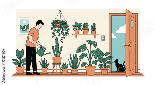 Young man caring for his indoor plant collection by watering them in a cozy room while a black cat looks outside.