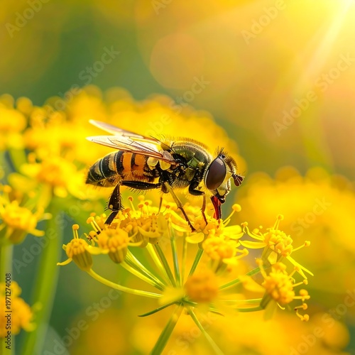 Hoverfly on Yellow Flower in Sunlight - A Detailed Close-Up.
