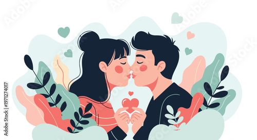 Romantic couple sharing an intimate kiss surrounded by decorative leaves and heart shapes in a soft palette.