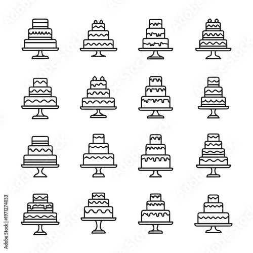 Tiered Celebration Cakes Collection Line Art Isolated on White Background