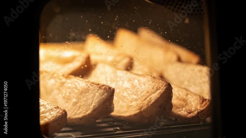 Potato Pieces Fried in Air Fryer in Time Lapse. Healthy Food without Oil Concept