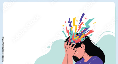 Stressed woman clutching her head as colorful lightning bolts explode from her mind representing mental pressure.
