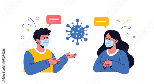 Man and woman wearing protective face masks talking next to a large coronavirus symbol representing pandemic life.