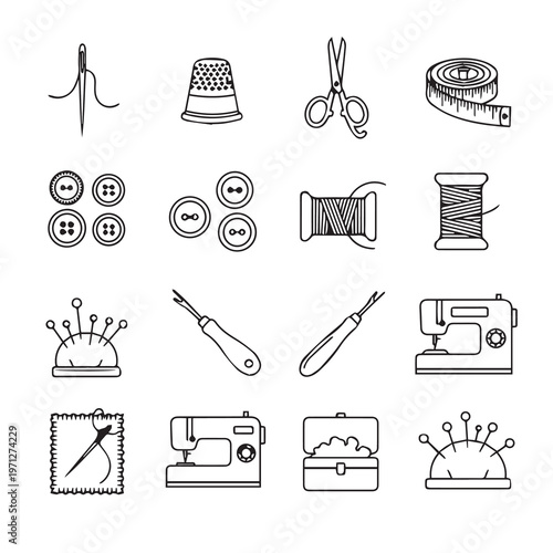 Sewing Notions and Tools Collection: Needle Thread Scissors Thimble Buttons MachineDetailed Line Art