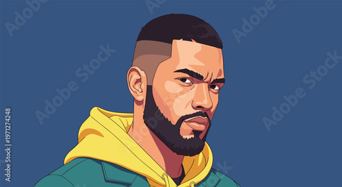 Close-up vector portrait of a confident man with a beard and stylish haircut wearing a green and yellow outfit.