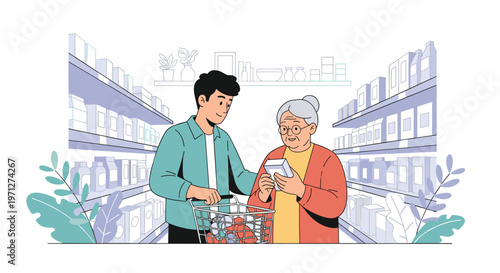 Helpful young man assisting an elderly woman with her groceries while shopping in a supermarket product aisle.