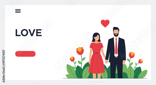 Elegant couple standing together in a field of giant red tulips on a website landing page about romantic love.