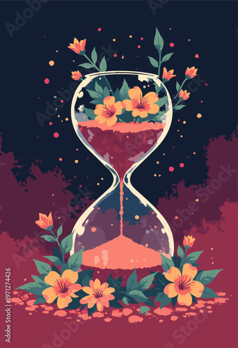 conceptual broken hourglass glass is shattered, instead sand, flowers are spilling out Concept time running out nature Deep red black No text