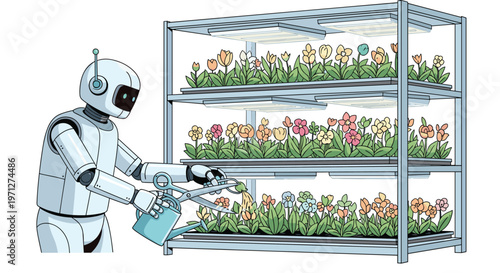 Advanced humanoid robot using tools to water and trim colorful flowers growing on metal shelves in a laboratory.