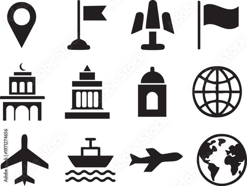 This image contains a collection of travel and navigation-themed icons designed in a minimalist, black-and-white flat style. Here is a breakdown of the elements: