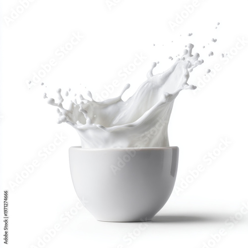 Plakat Milk splash leaping from plain ceramic cup, isolated on white background, clean, dynamic motion