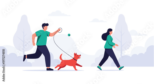 People enjoying outdoor activities in a park including a man running with his dog and a woman walking nearby.