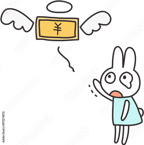 飛んでいく羽の生えたお金を見上げて泣いている金欠うさぎのベクターイラスト